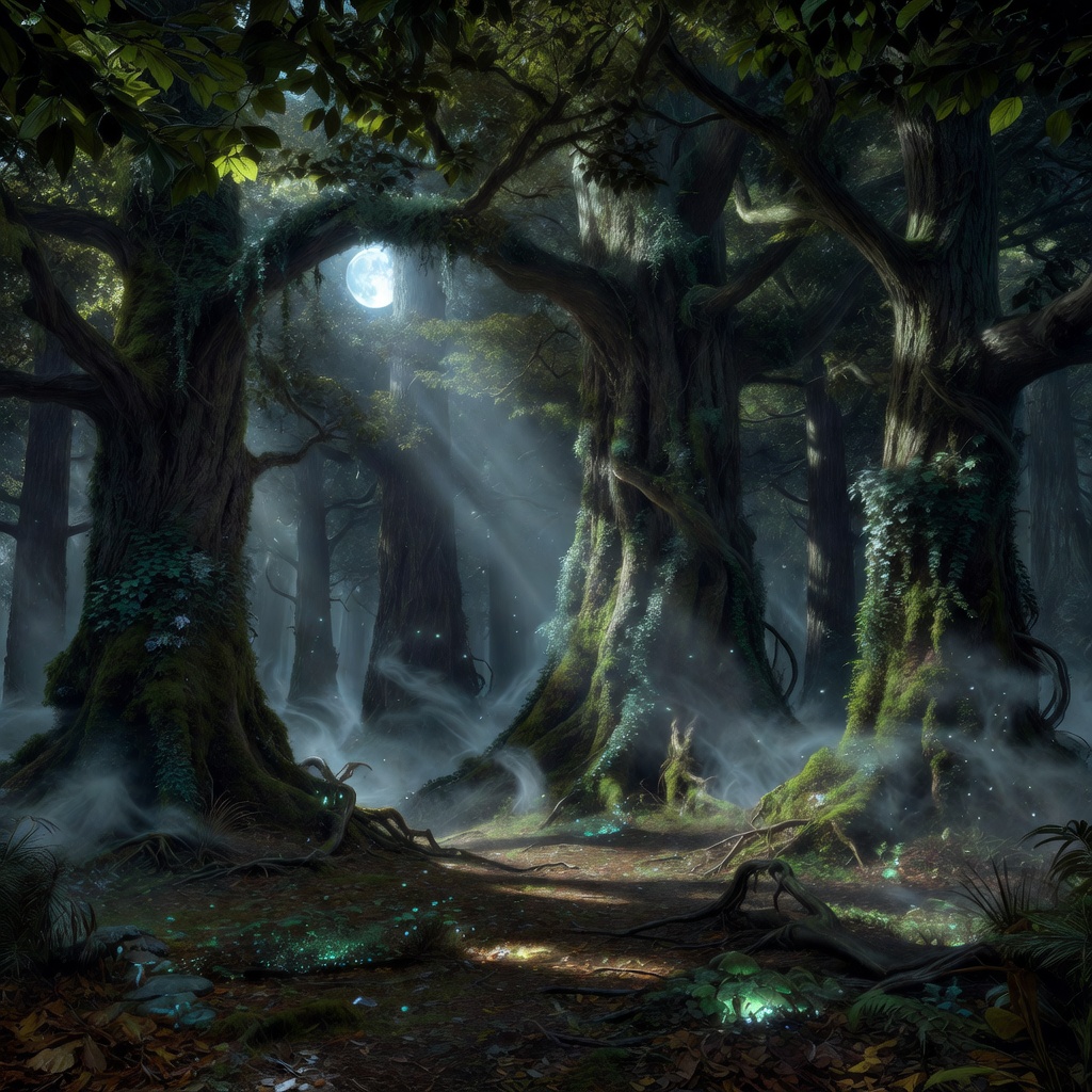Thick ancient forest trees glowing under a soft moonlight