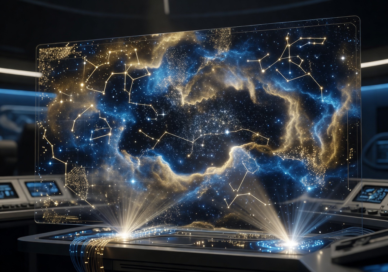 Digital starmap interface glowing with gold and blue light
