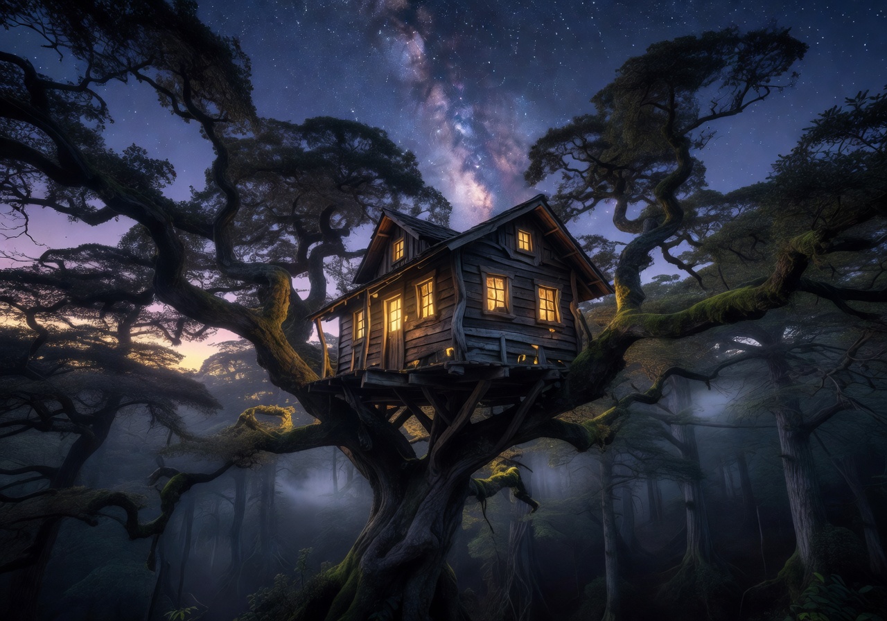Elevated tree cabin glowing warmly against the twilight forest