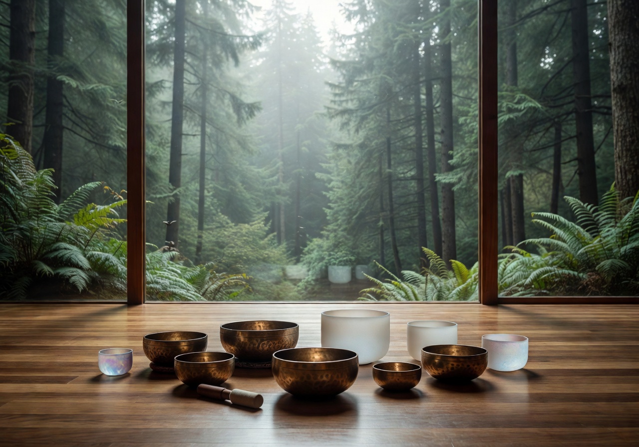 Tranquil indoor space with singing bowls and forest views