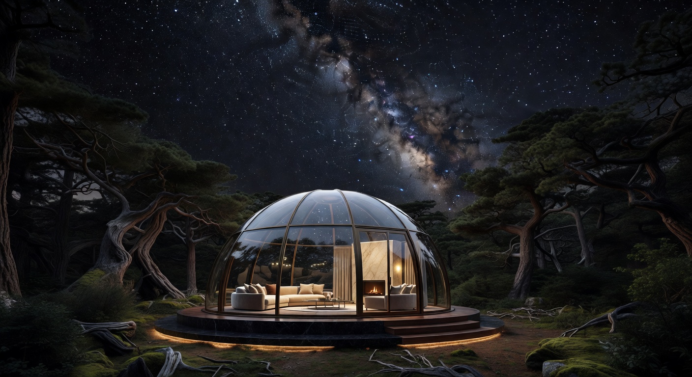 A luxurious glass-domed cabin illuminated in a dark forest under a starry night sky
