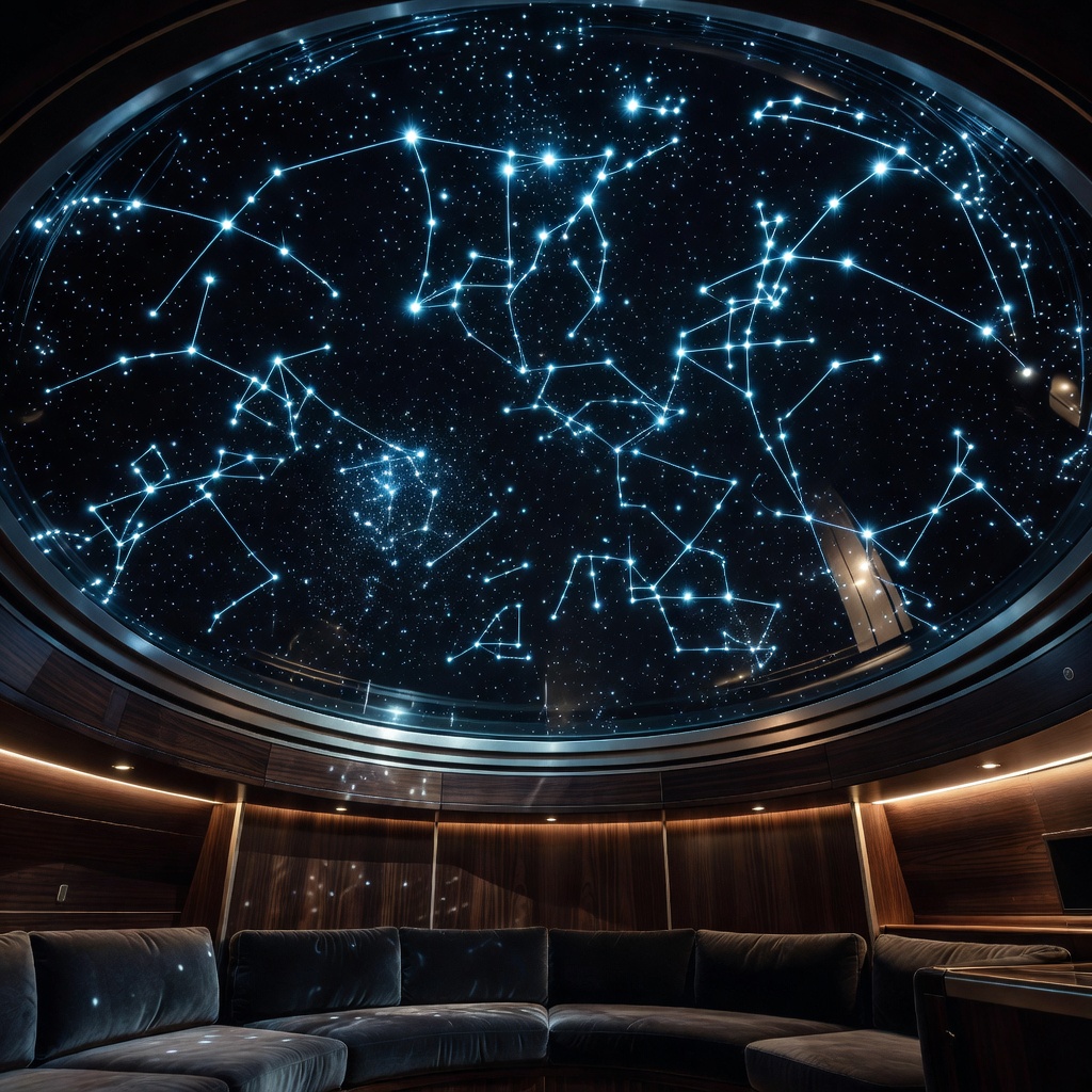 Interior of a luxury cabin looking up at an AI overlay of constellations